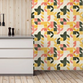 Tapeta - Retro geometryczny wzór w zielono - żółtych odcieniach