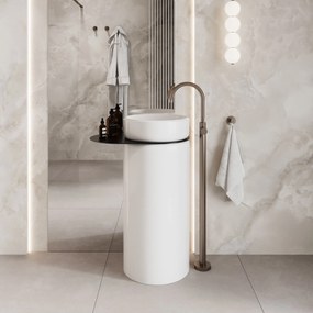 Umywalka z konglomeratu wolnostojąca okrągła 85 x 40 cm z półką metalową RONA bez przelewu : Kolor umywalki RONA - Biały połysk, Podłączenie syfonu - Do ściany, Półka - Metalowa