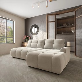 Masseno Narożnik FLUMA z funkcją spania i pojemnikiem na pościel Narozniki L, Rozkładana sofa - Kremowy, CASTEL 03