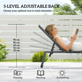 Outsunny Zestaw 2 Leżaków Ogrodowych z 5-stopniowo Regulowanym Oparciem, Bocznym Stolikiem, Kółkami, Antypoślizgowe Nogi Szary | Aosom PL