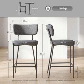 HOMCOM Hokery w zestawie 2, tapicerowane stołki barowe z wyprofilowanym oparciem, do wyspy kuchennej, strefy śniadaniowej, Szary | Aosom PL