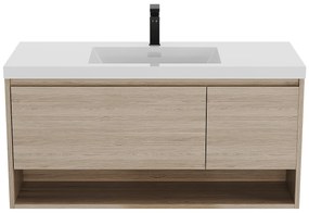 Podwieszana szafka łazienkowa z pojedynczą umywalką w kolorze jasnego naturalnego drewna z baterią - 120 cm - PUJUKA