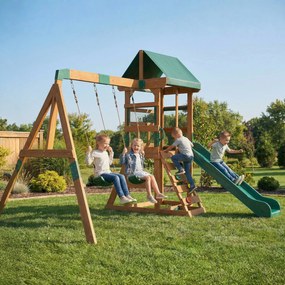 AIYAPLAY Wieża zabaw drewniana z huśtawkami i zjeżdżalnią 194,5 cm dla dzieci 3-8 lat 315x284x233 cm Zielony | Aosom PL