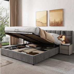 Łóżko tapicerowane z hydraulicznym schowkiem - 160 x 200 cm - z lampką + portem USB - zagłówek wyściełany - aksamit - szary