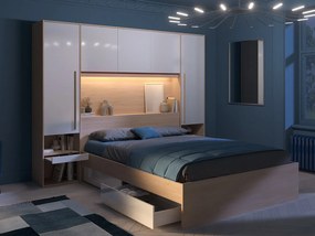 Zabudowa wokół łóżka  ze skrzynią i - Z oświetleniem LED - szer. 265 cm - Biały z połyskiem i naturalny - VELONA