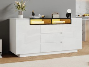 Kredens błyszczący 140x60x48 cm - 2 drzwi i 3 szuflady - z LED - Regulowane półki - Biały + Czarny