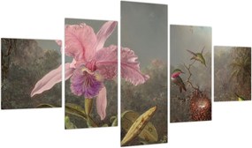 Obraz - Martin Johnson Heade, Cattleya Orchid and Three Hummingbirds, reprodukcje (125x70 cm)