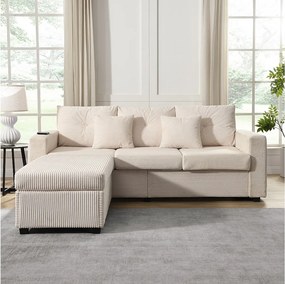 Sofa 3-osobowa, Narożnik z oświetleniem LED i podnóżkiem - beżowy sztruks