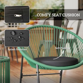 Outsunny 3-częściowy Zestaw Mebli Zewnętrznych, 1 Stół, 2 Krzesła, Blat z Szkła Hartowanego, Rattan Tworzywa Sztucznego na Stalowej Ramie, Miękkie Poduszki, Kolor Zielony