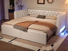 Tapicerowana sofa z łóżkiem 90x200 cm - Z wysuwanym łóżkiem - z oświetleniem LED - MDF + len - Beżowy (materac nie jest wliczony w cenę)