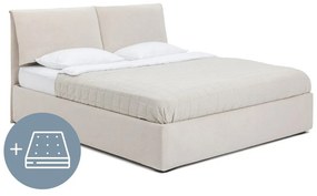 Beżowe tapicerowane łóżko dwuosobowe ze schowkiem z materacem i stelażem 160x200 cm Thessa Pillow – Bonami Selection