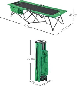 Składane Łóżko Campingowe Outsunny z Boczną Kieszenią i Uchwytem na Napój, Nośność do 136 kg, Stal i Oxford, Zielony+Czarny, 190 x 65 x 40 cm