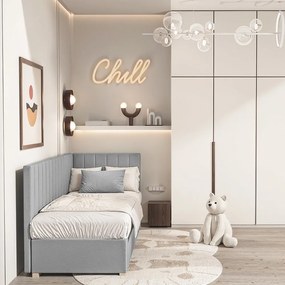 Szare narożne łóżko dziecięce ze schowkiem i materacem 90x200 cm Snugi – Ghado