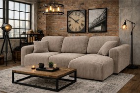 Narożnik w kształcie L z funkcją spania i pojemnikiem Bingo L, tkanina sztruksowa Poso, Ciemnobeżowy, Prawy