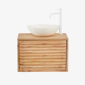 Zestaw Wiszących Mebli Łazienkowych 60x45 Cm Z Drewna Deleyna Naturalna & Cement Okrągły Biały Ø40 Cm Zavion & Bezlusterkowiec & Biała ↑30 Cm Z Zawore