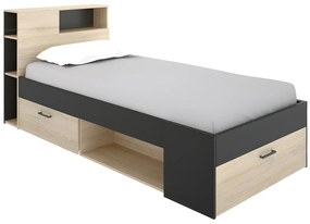 Łóżko z zagłówkiem,  ze skrzynią i szufladą - 90x190 cm - Kolor: naturalny i antracyt - LEANDRE