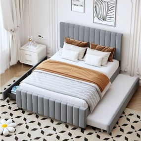 Łóżko dziecięce tapicerowane - 140 x 190 cm - z łóżkiem wysuwanym 90 x 190 cm + 2 szuflady - welur - szary