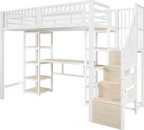 Łóżko na antresoli 90x200 cm - Zintegrowana drabina z pojemnikami - Wbudowane biurko - Listwa LED + port USB - biały​ (materac nie jest wliczony w cenę)