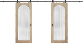 Podwójne drzwi przesuwne naścienne z drewna i MDF - naturalne jasne łuki i szkło hartowane ryflowane - 2 x W205 x Szer73 cm - ODEZA