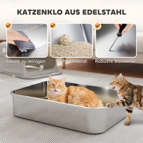 PawHut XXL Toaleta dla kotów ze stali nierdzewnej z klapą, kuweta z łopatką, dla dużych kotów do 20 kg, łatwa do czyszczenia, neutralizująca zapachy, Szara