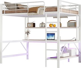 Łóżko mezzanine 140x200 cm - z barierkami - z drabiną - z USB i gniazdkami - z oświetleniem LED - z biurkiem + półkami wielopoziomowymi - białe (bez materaca)