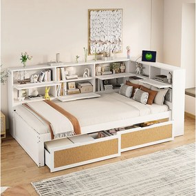 Sofa rozkładana z półką do przechowywania - 90 x 200 cm - z 2 szufladami - sosna + sklejka + MDF - biała