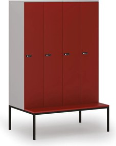 Drewniana szafa ubraniowa S4 z ławką, 4-drzwiowa, 1871 x 1200 x 500/800 mm, demontaż, zamek mechaniczny z kodem, szary/czerwony