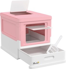 Kuweta PawHut z pokrywą, wymienna taca, w zestawie łopatka, różowy plastik