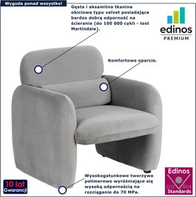 Szary welurowy fotel nowoczesny z podłokietnikami E2-D20