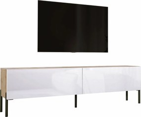 Szafka RTV: Dąb Wotan / Biały Połysk, nogi czarne, 170 x 52 x 32 cm