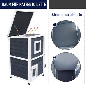 PawHut Elegancka Willa dla Kota z Drewna Sosnowego 2 Poziomy z Łatwym Dostępem i Oknami