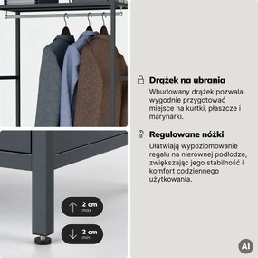 Regał biurowy otwarty z drążkiem na ubrania, do recepcji i poczekalni, metalowy, antracytowy, 800x2200x400 mm: ARIEL