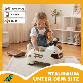 AIYAPLAY jeździk, design dinozaura, kierownica, światła, dźwięki, 4 koła, kremowo-biały+brązowy | Aosom PL