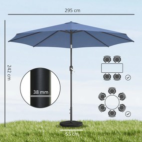 Outsunny Parasol przeciwsłoneczny Ø295 cm, UV 30+ Okrągły parasol balkonowy, plażowy, ogrodowy, niebieski | Aosom PL