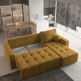 Masseno Narożnik VOLIRA z funkcją spania i pojemnikiem na pościel Narozniki L, Rozkładana sofa - Żółty, KRONOS 01