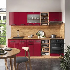 Zabudowa kuchenna czerwony wysoki połysk/złoty dąb 240x46x81.6 r-line