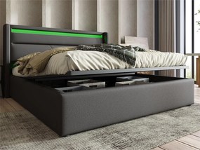 Łóżko z pojemnikiem 140x200cm z ekoskóry z LED - z stelażem na listwy - Szare
