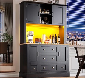 Buffet kuchenny 115x40x180 cm - 4 drzwi + 3 szuflady - wysoki mebel - z oświetleniem LED - Styl nowoczesny - Czarny