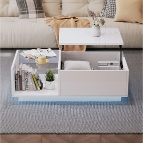 Biały stolik kawowy LED z regulowanym blatem i otwartą przestrzenią do przechowywania