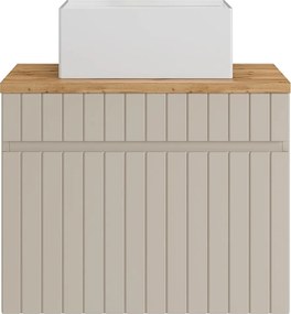 Wisząca szafka łazienkowa prążkowana beżowa z umywalką nablatową kwadratową – 60 cm – SATARA