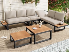 Salon ogrodowy - zestaw mebli - 6 osób - z żelaza ocynkowanego - kanapa narożna - ze stolikiem kawowym w stylu gniazdowym - blat z tworzywa drewnopodobnego - Beżowy