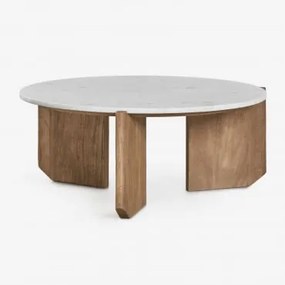 Okrągły Stolik Kawowy Z Naturalnego Kamienia I Drewna Mango Lavinia Biały Marmur & Naturalna & Ø70 Cm - Sklum