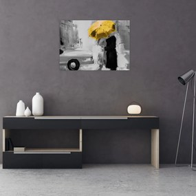Obraz - Zakochana para pod parasolem, żółty (70x50 cm)