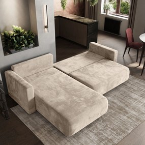Masseno Narożnik TURIN z funkcją spania i pojemnikiem na pościel Narozniki L, Rozkładana sofa - Kremowy, MONOLITH 04