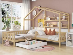 Łóżko 90x200cm + 140x70cm z litego drewna - z szufladami i półkami + stelaż - Naturalne