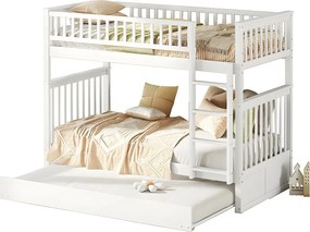 Łóżko piętrowe 2x90x200cm z łóżkiem wysuwanym 90x190cm - z barierką i schodami - Białe