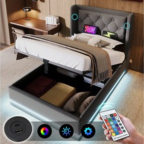 Łóżko ze schowkiem 90x200 cm, szara bawełna, łóżko młodzieżowe z diodą LED i ładowaniem przez USB, bez materaca