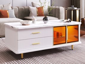 Stolik kawowy, stolik pomocniczy z drzwiami ze szkła hartowanego, szufladami o falistej strukturze, złotymi uchwytami i nogami, blatem o strukturze marmuru.