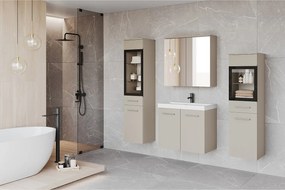 Meble łazienkowe z LED, zestaw wiszący do łazienki z umywalką, 2 słupkami i szafką lustrzaną, kaszmirowy beż