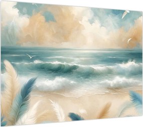 Obraz na szkle – Malowana plaża w delikatnych kolorach (70x50 cm)
